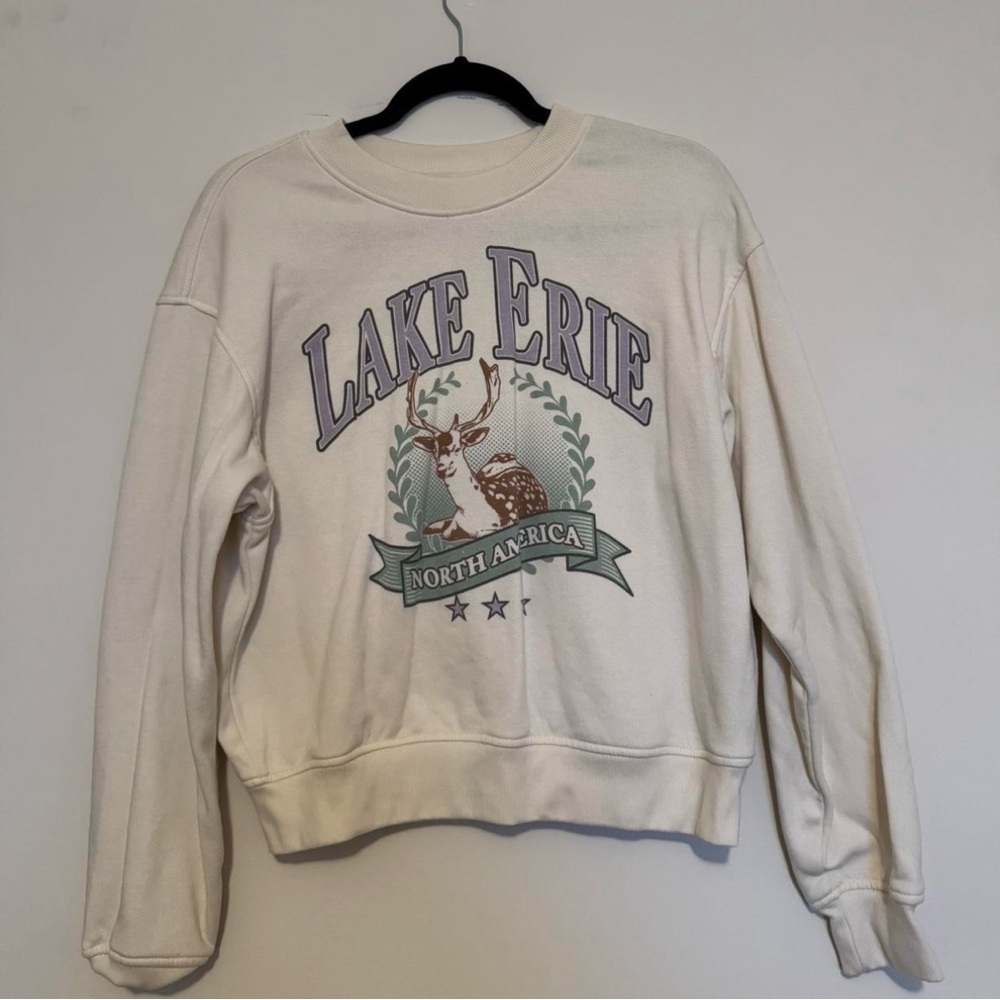 H&M Cream Lake Erie Graphic Sweater Sz Medium